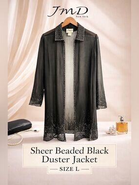 JMD New York Sheer Beaded Black Duster Jacket Size L Vintage Whimsigoth Cardigan